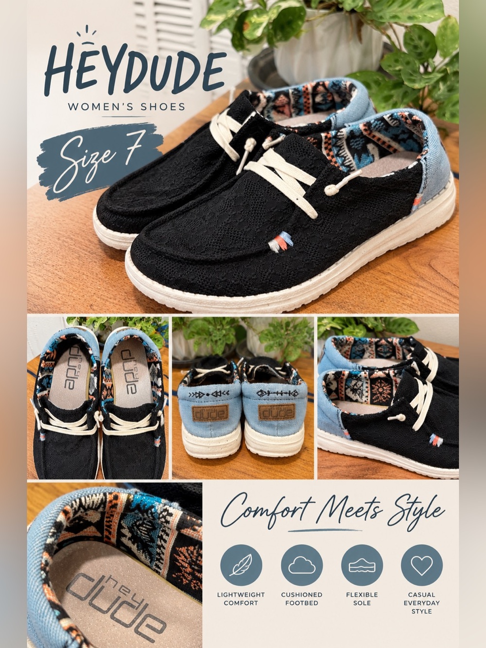 Hey Dude Women’s Black and Light Blue Slip-On Sneakers